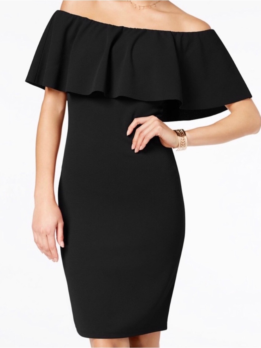 Lauren Ralph Lauren Black Off-Shoulder Ruffle Sheath Dress